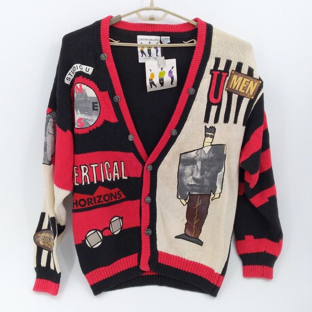 Men's Graphic V-Neck Cardigan Sweater - Black, Red, Cream